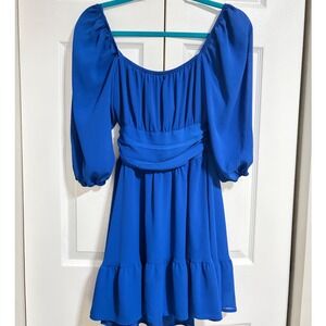 New Collection Royal Blue Puff Sleeve Tie Back Smocked Mini Dress XS Cottagecore